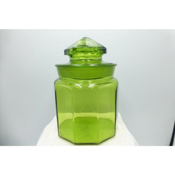 Vintage LE Smith 7.5" Green Glass 10 Paneled Canister Apothecary Jar w/Lid H1 - Picture 5 of 10